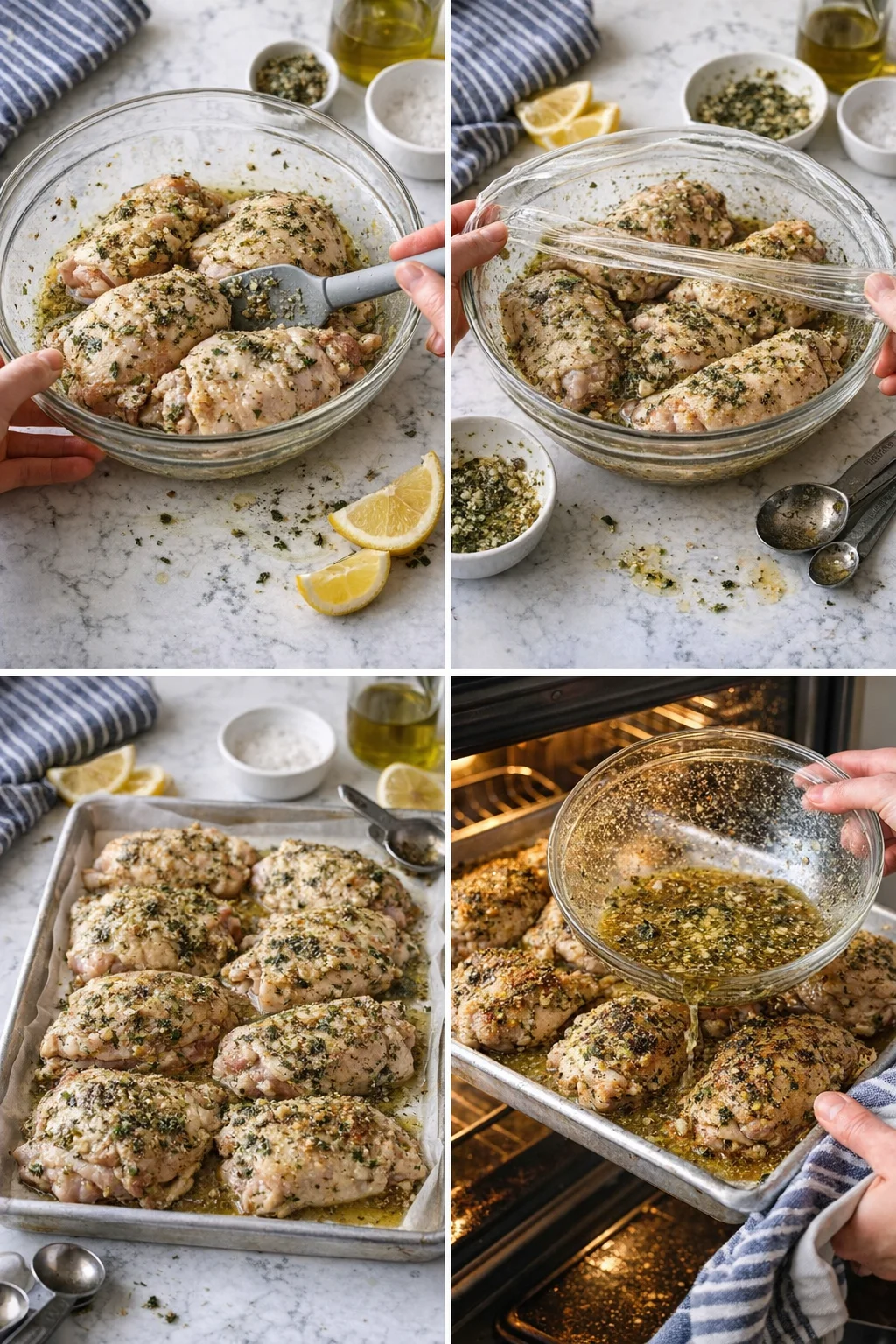 collage showing four steps of herb-lemon-marinated chicken: mixing, covering, baking tray, and glazing.