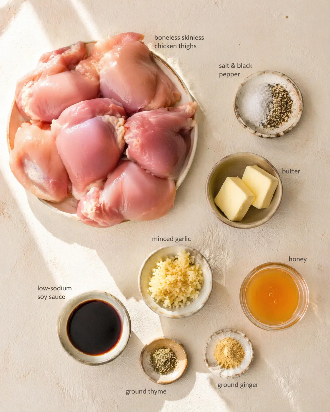 Raw chicken thighs on a light surface with butter, garlic, honey, soy sauce, and spices.