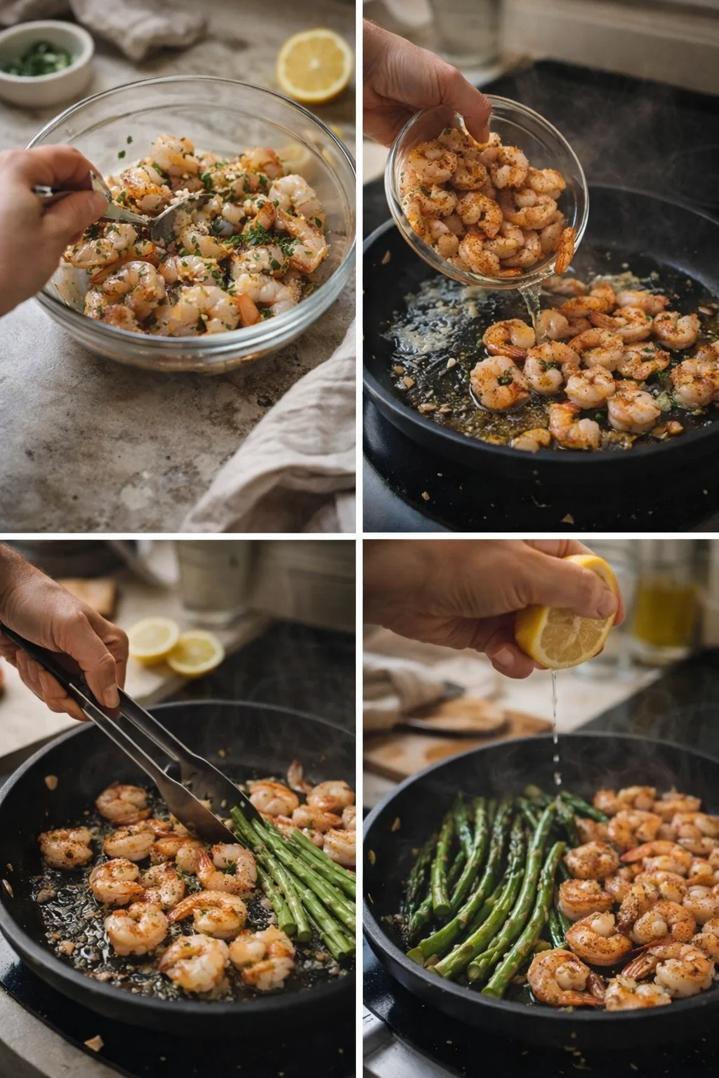 Collage of hands cooking shrimp with asparagus in a skillet, lemon being squeezed nearby.