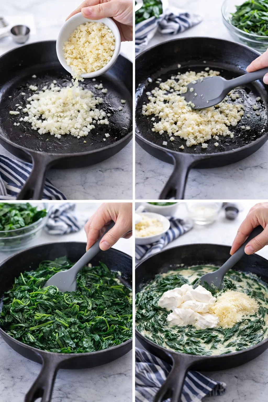 Four-panel collage of onions, spinach, and cream being sautéed in a cast-iron skillet on a marble countertop.