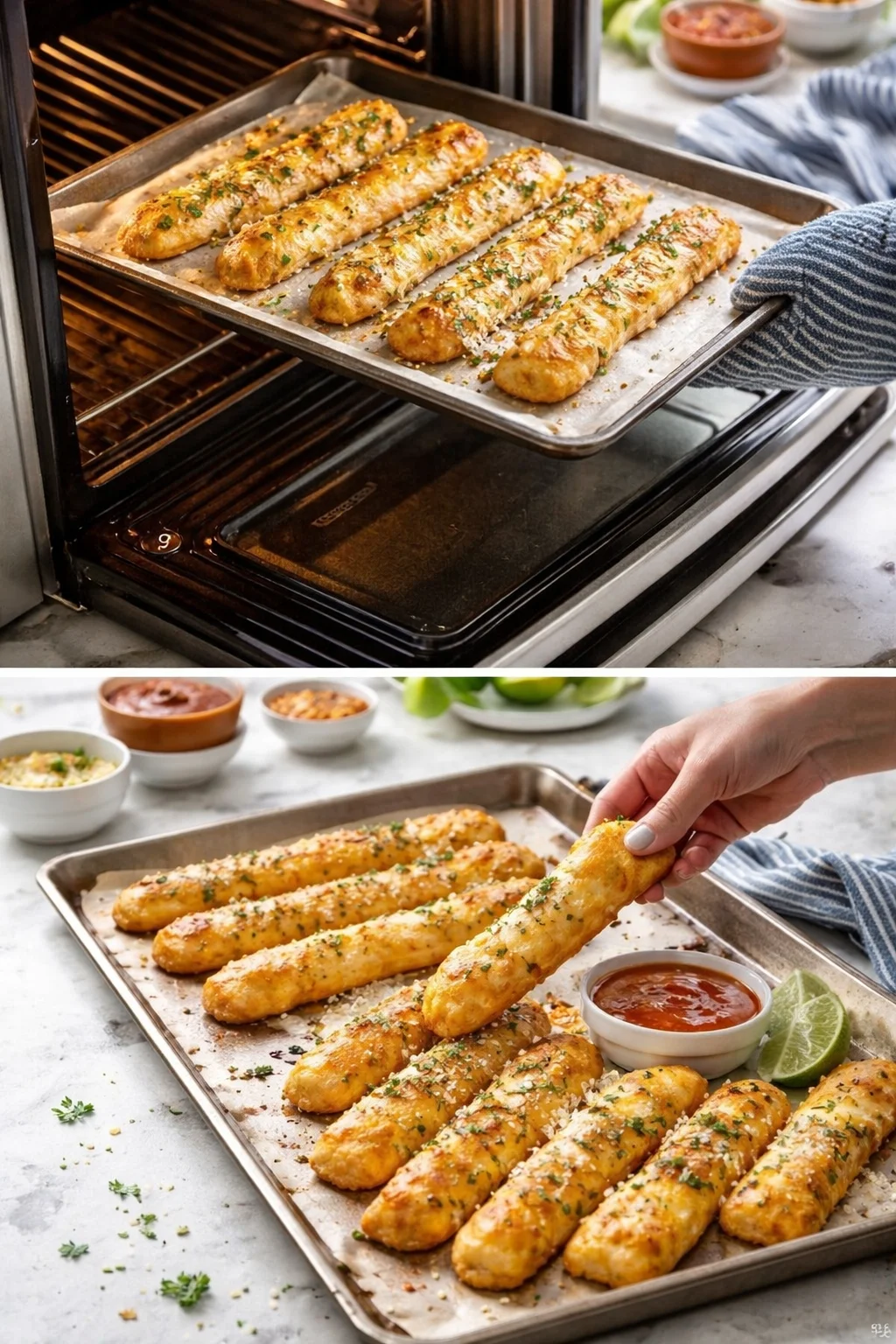 Two-panel collage showing garlic-parmesan breadsticks on baking trays, with sauce bowls nearby.