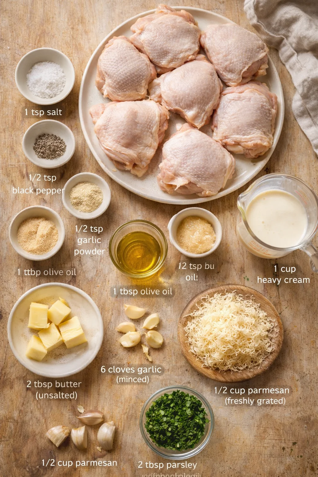 Top-down view of raw chicken thighs surrounded by labeled ingredients: salt, pepper, garlic powder, oil, cream, parmesan, butter, garlic, parsley.