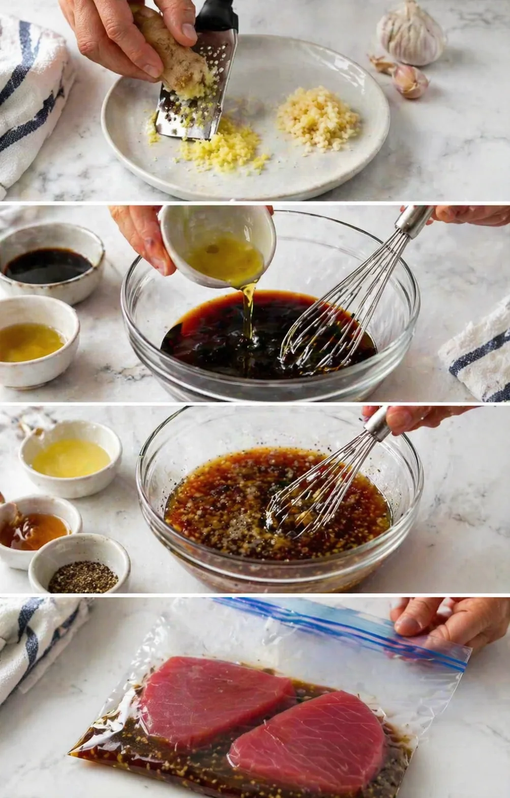 collage showing garlic being minced, soy-based marinade whisked, and tuna fillets sealed in bag