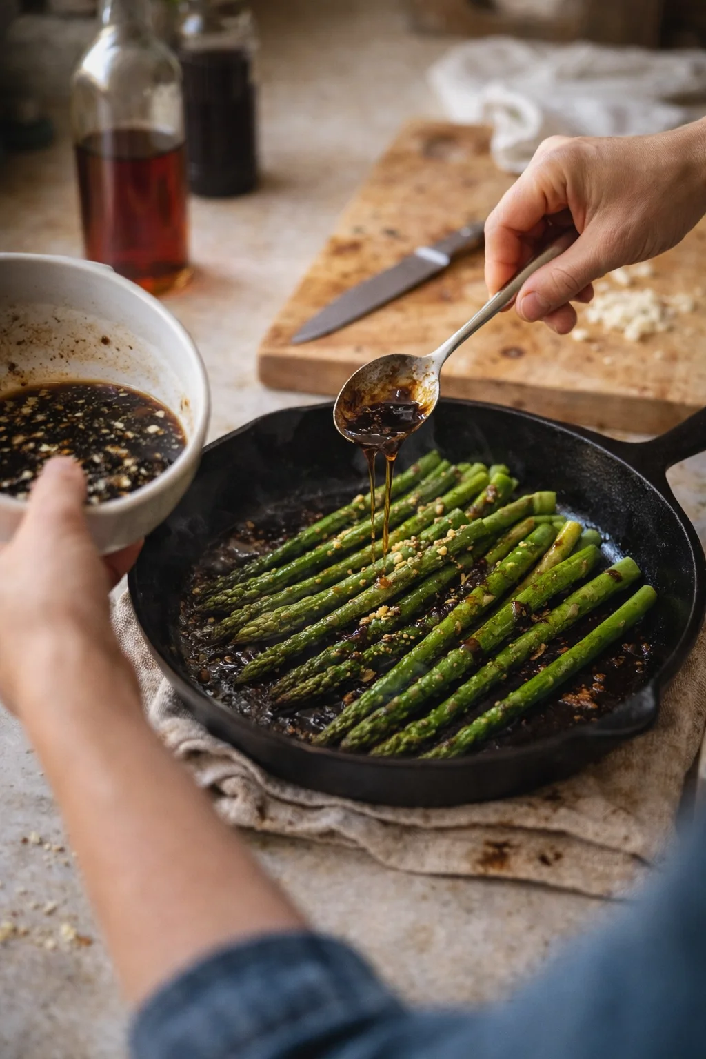 Asparagus spears arranged in a cast-iron skillet, drizzled with glossy soy glaze.