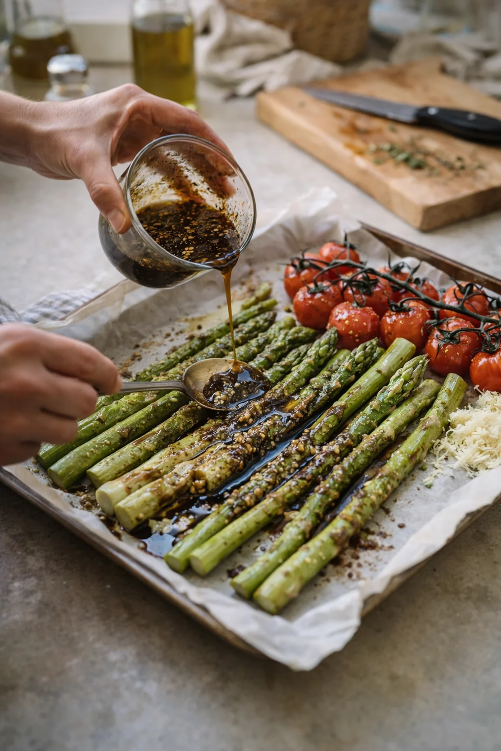 Hand pours a dark glaze over asparagus spears and cherry tomatoes on a parchment-lined sheet pan.