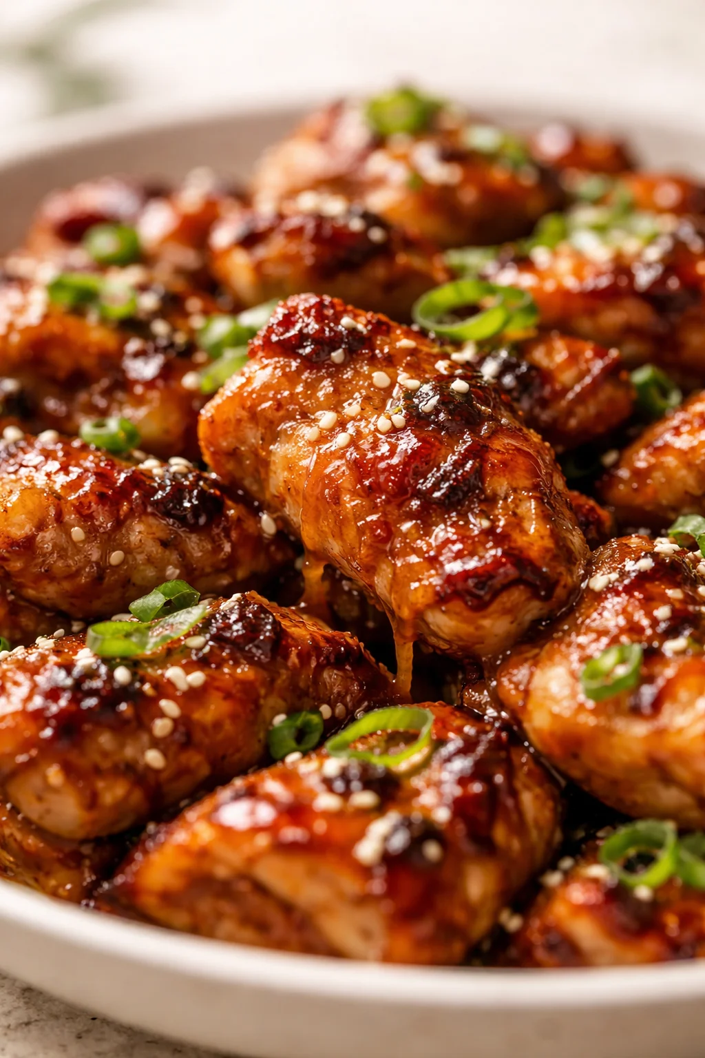 Close-up of glossy glazed chicken bites with sesame seeds and sliced green onions.