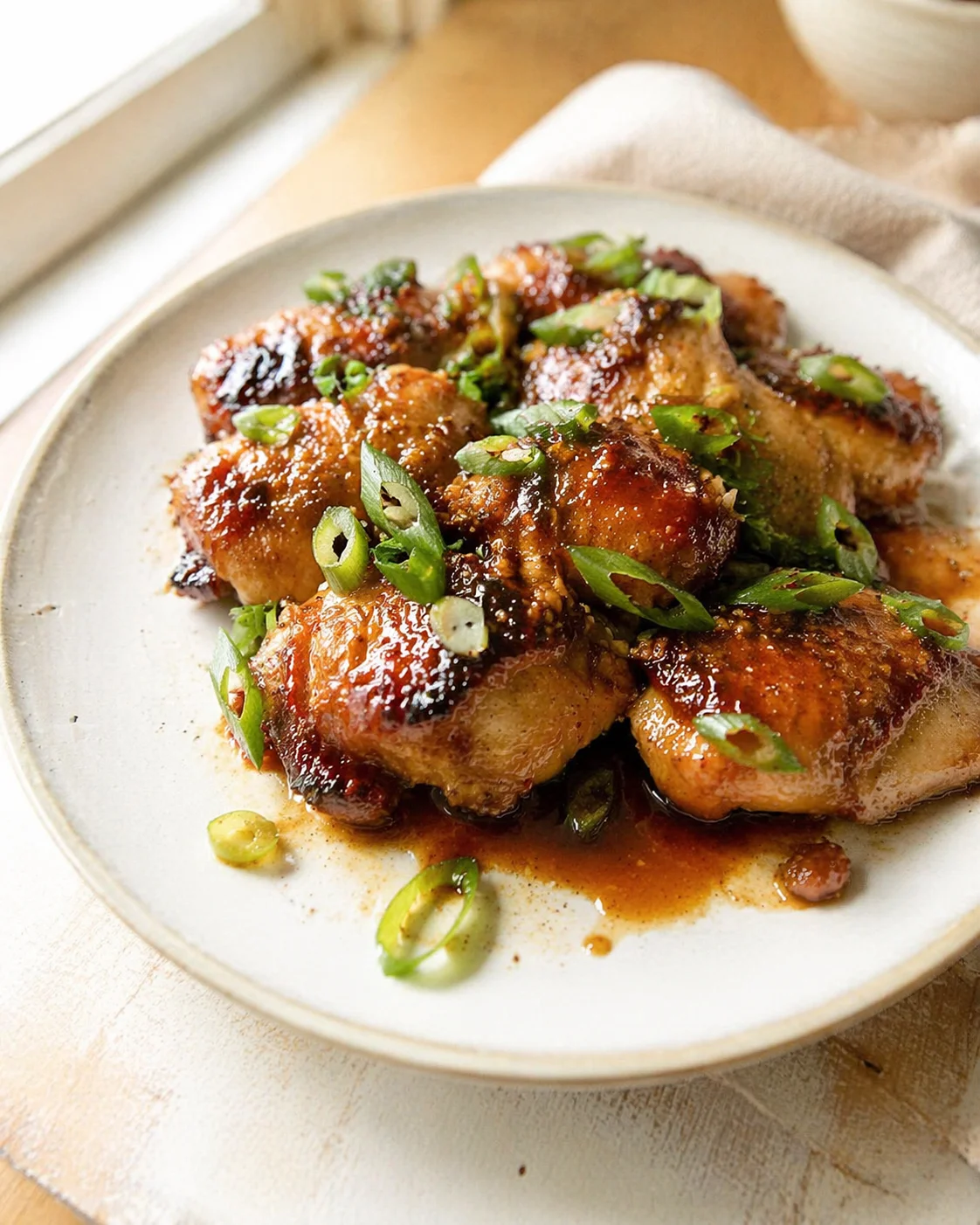 glossy glazed chicken bites garnished with sliced green onions on a pale plate