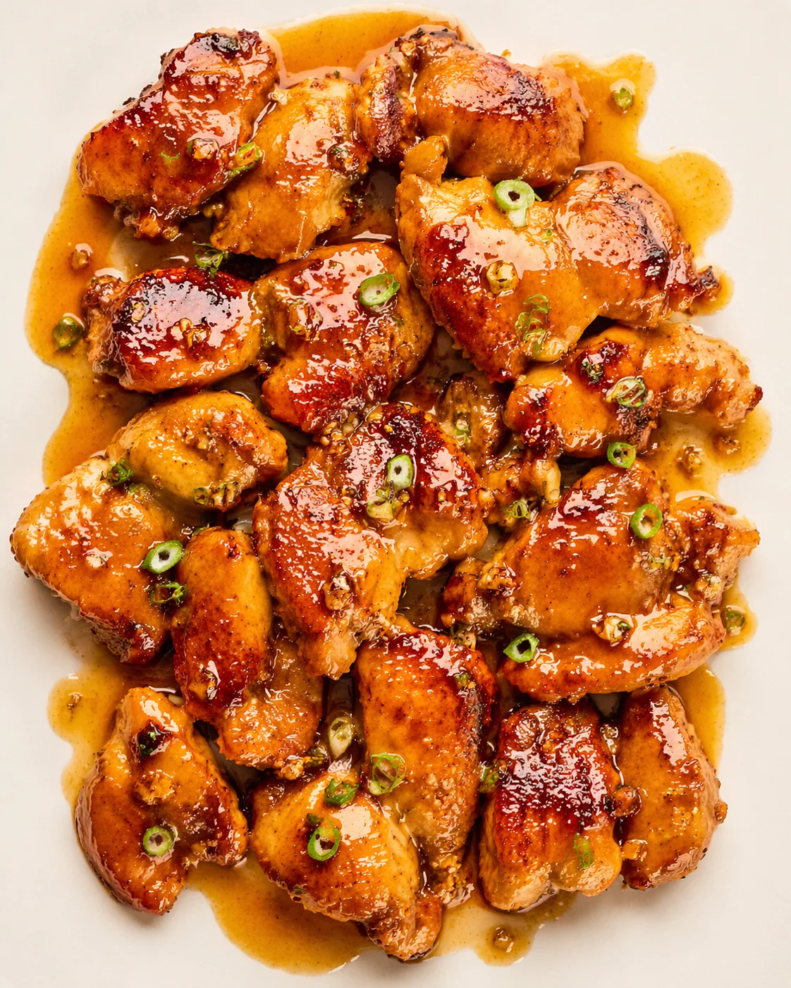 glossy glazed chicken bites with green onion garnish on a white plate