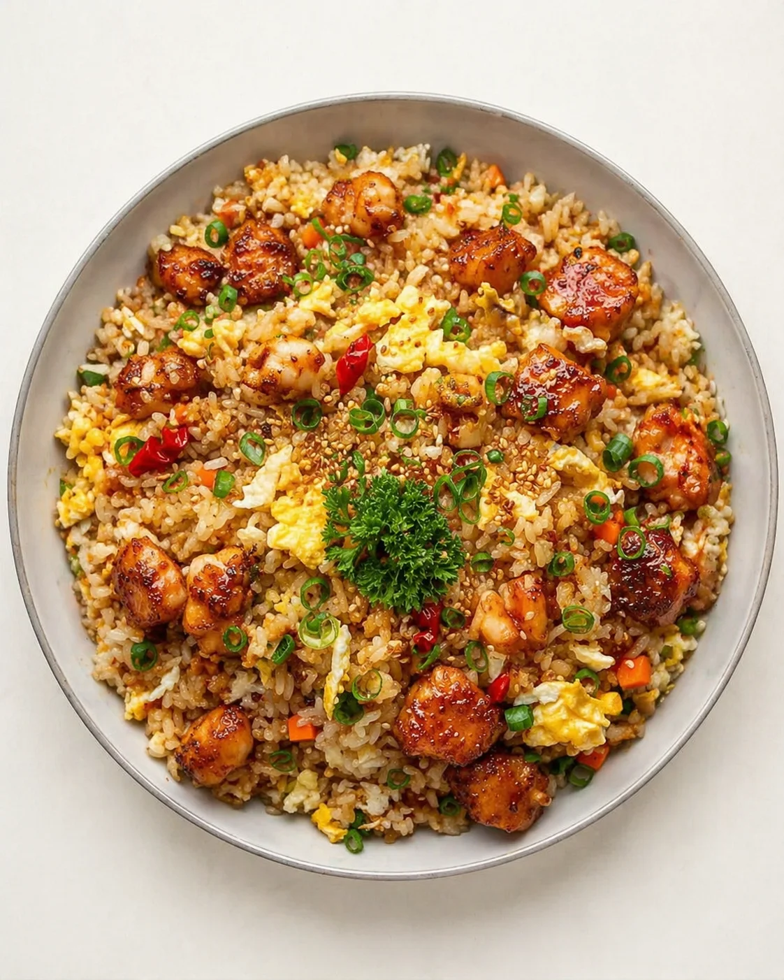 bowl of fried rice with glazed meat cubes, scrambled eggs, green onions, sesame seeds, and parsley