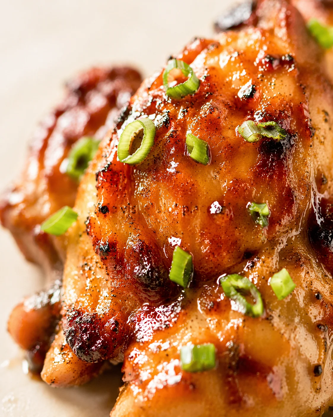 close-up of glossy glazed chicken pieces with chopped green onions