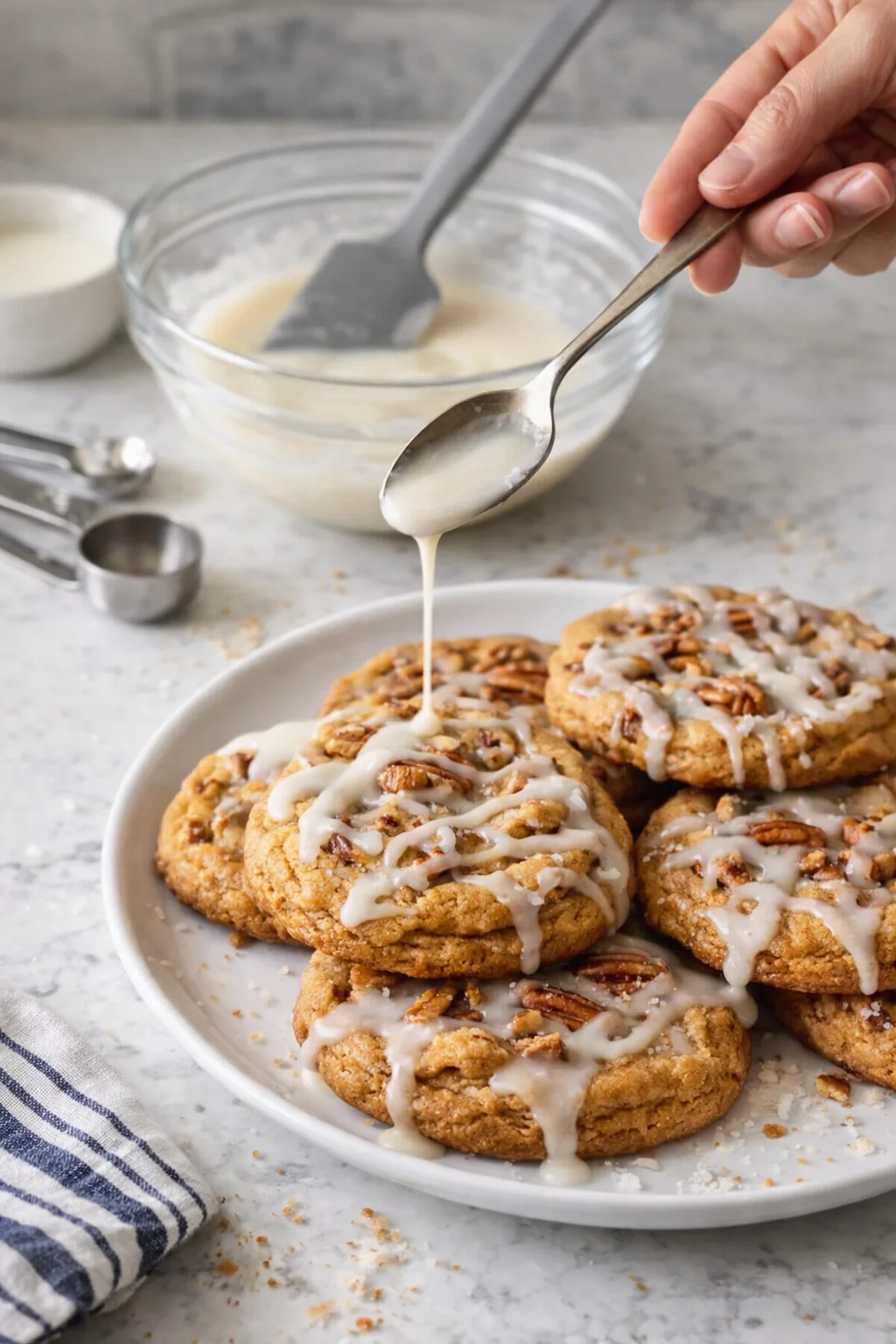 Plate of pecan cookies with white icing glaze being drizzled from a spoon.