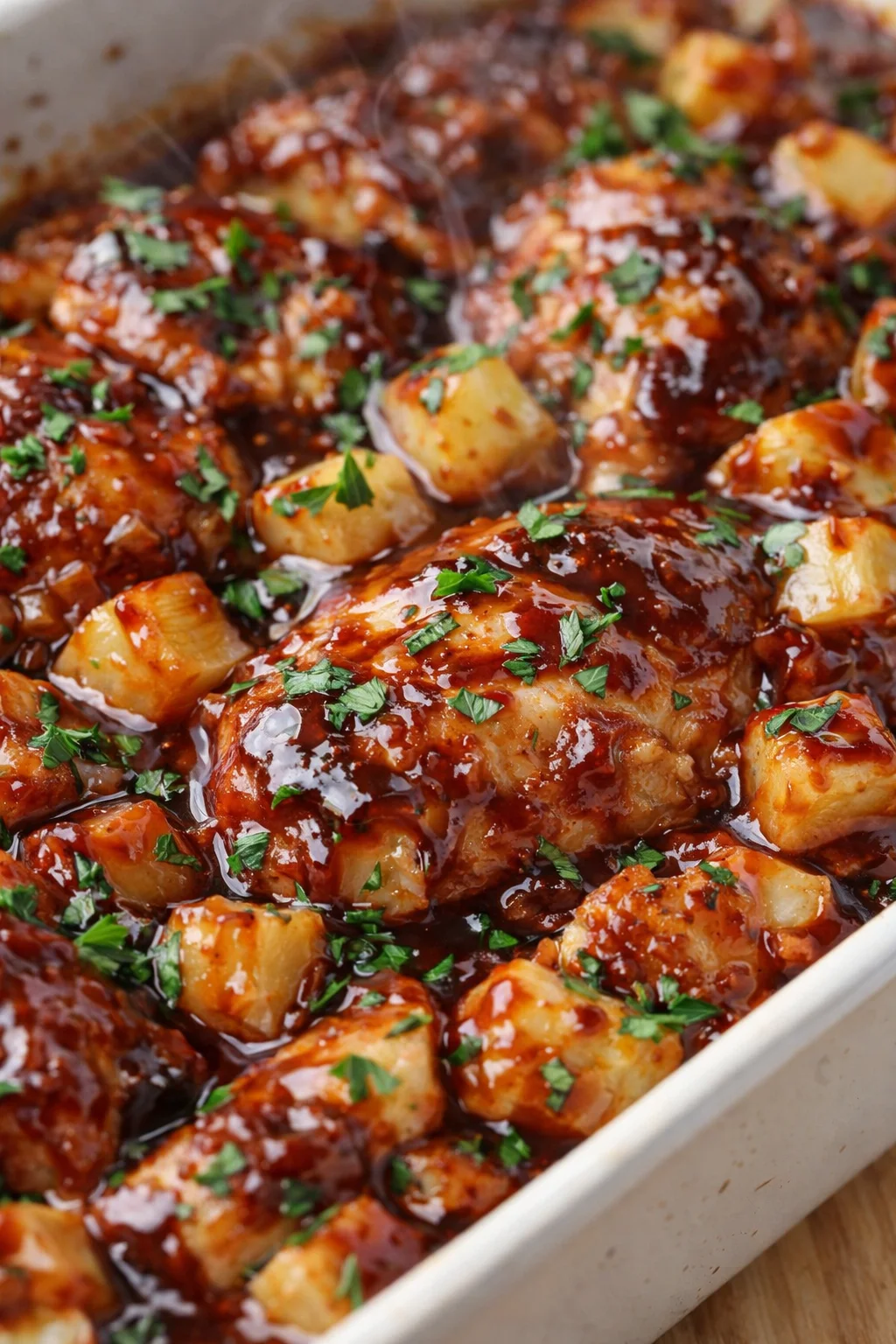 potato cubes in a glossy barbecue glaze, garnished with chopped parsley in a white baking dish