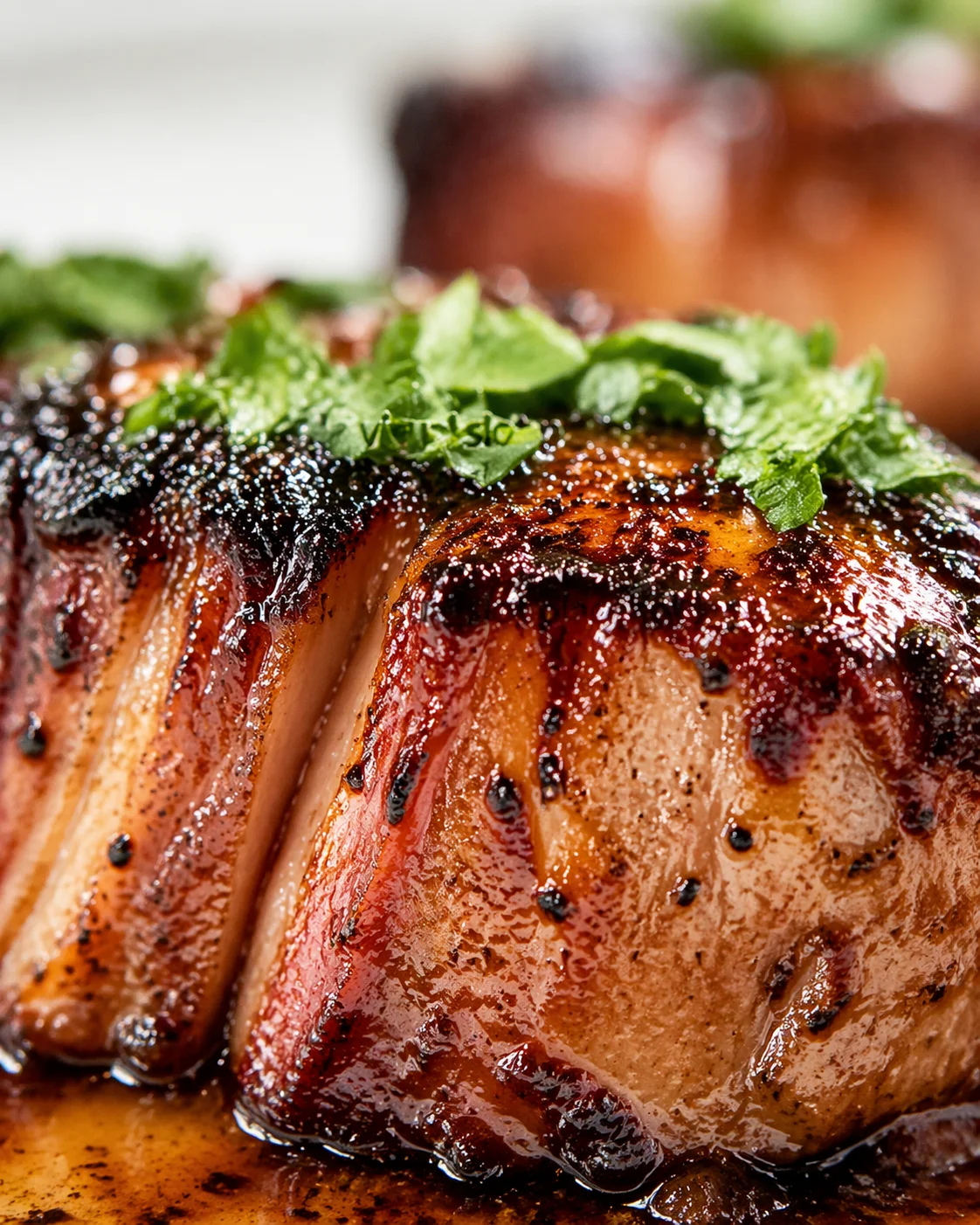 close-up of glossy glazed roasted pork with a fresh green herb garnish on top.