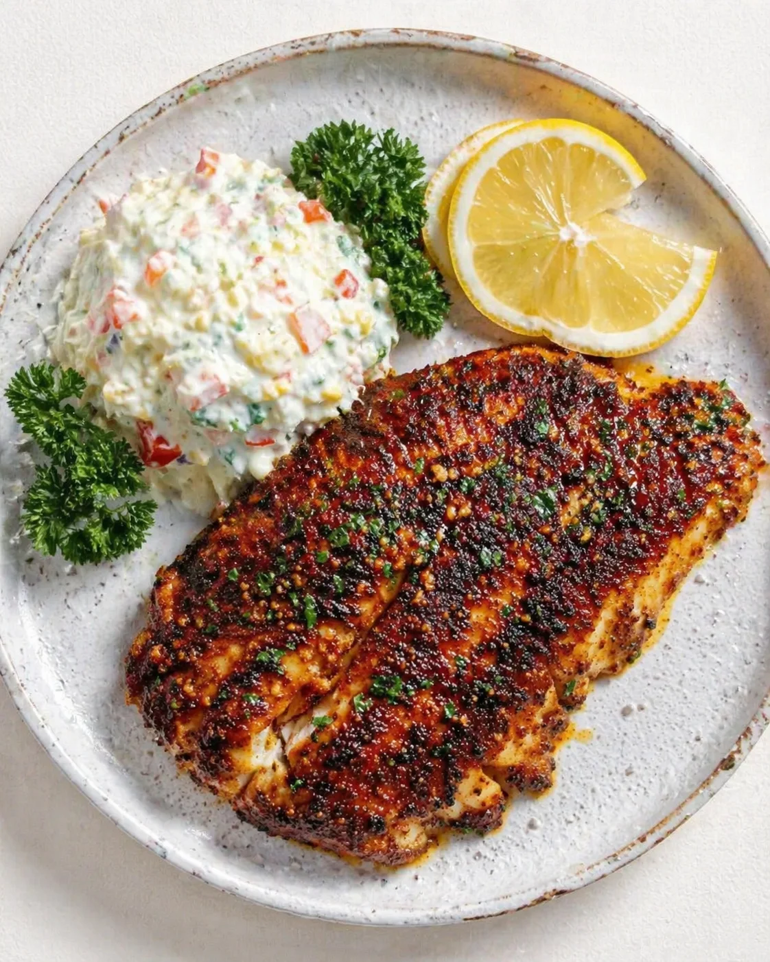 Glazed salmon fillet with creamy potato salad, lemon wedges, and parsley on a rustic plate.