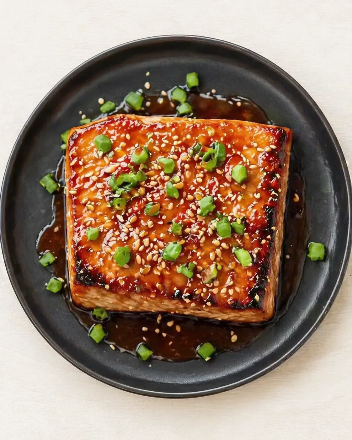 Square block of glazed tofu on a dark plate, topped with sesame seeds and chopped green onions.