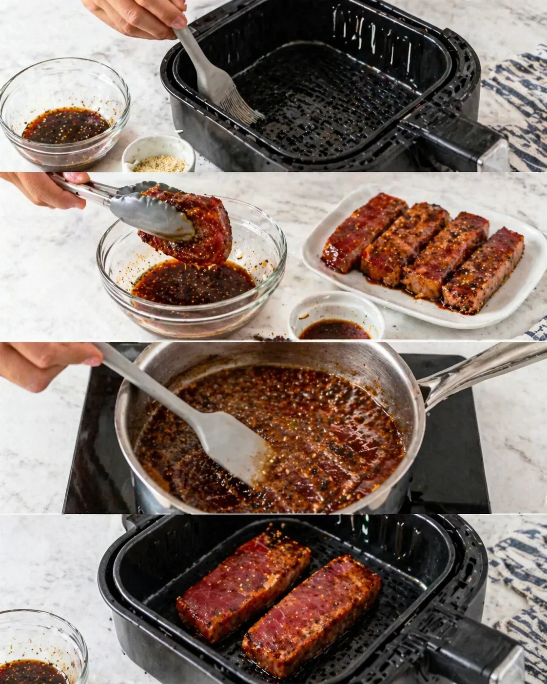 Hands brushing glaze onto beef short ribs, with sauce bowls and air fryer visible