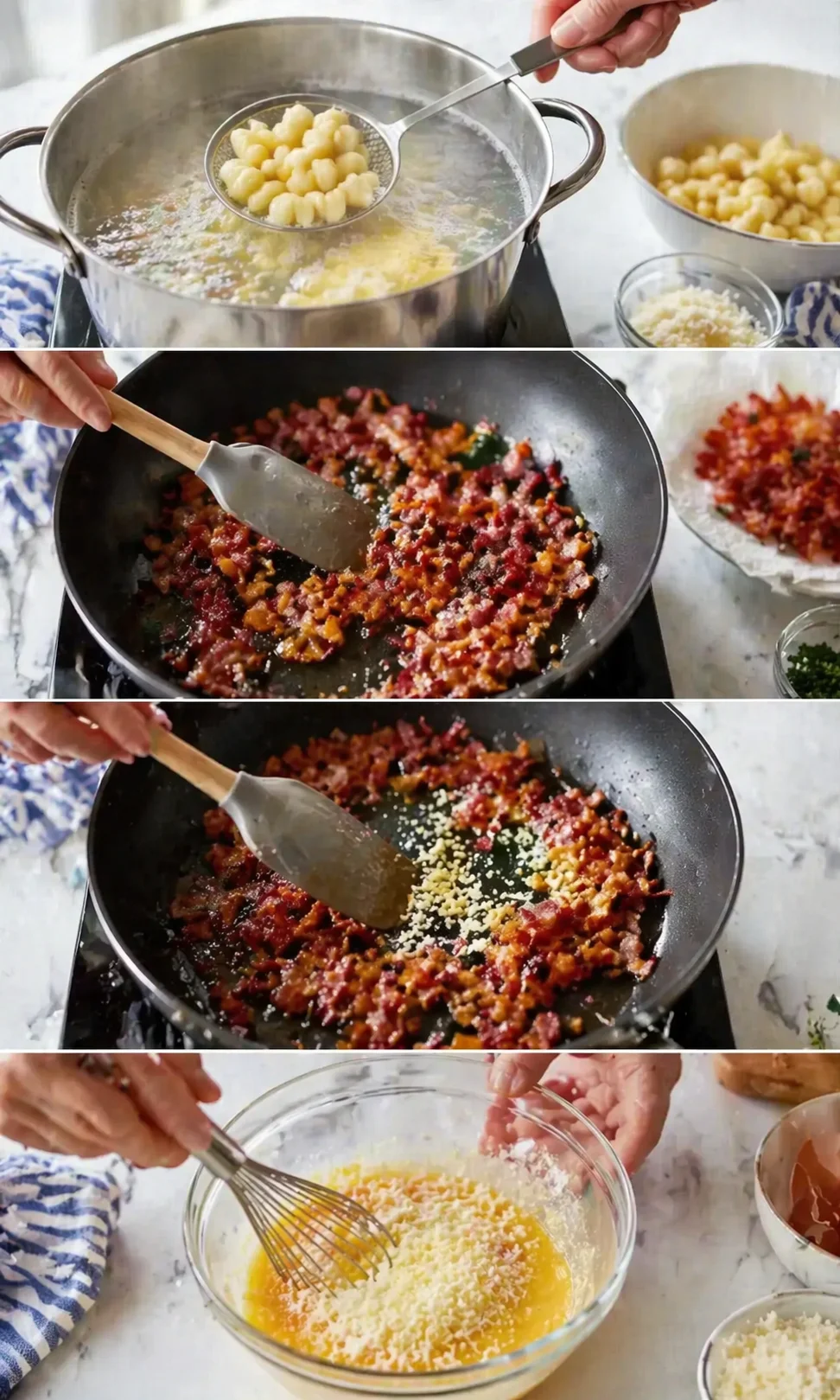 Collage of gnocchi boiling, bacon sautéing, and eggs with cheese for carbonara.