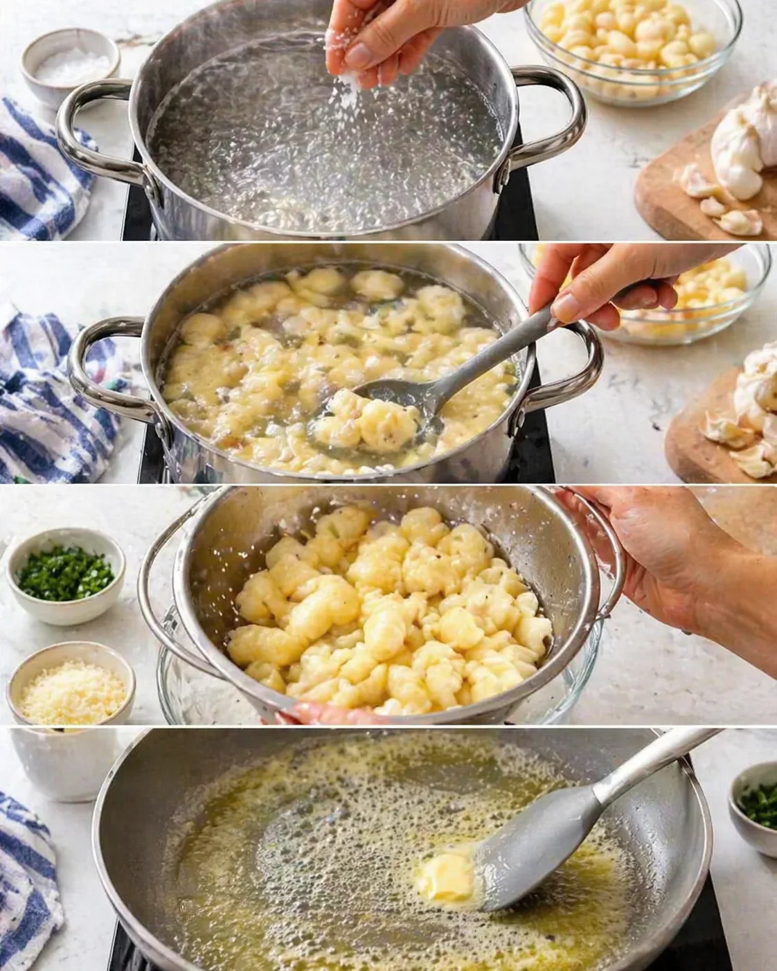 A four-panel sequence showing gnocchi boiling, stirring, and coating in butter.