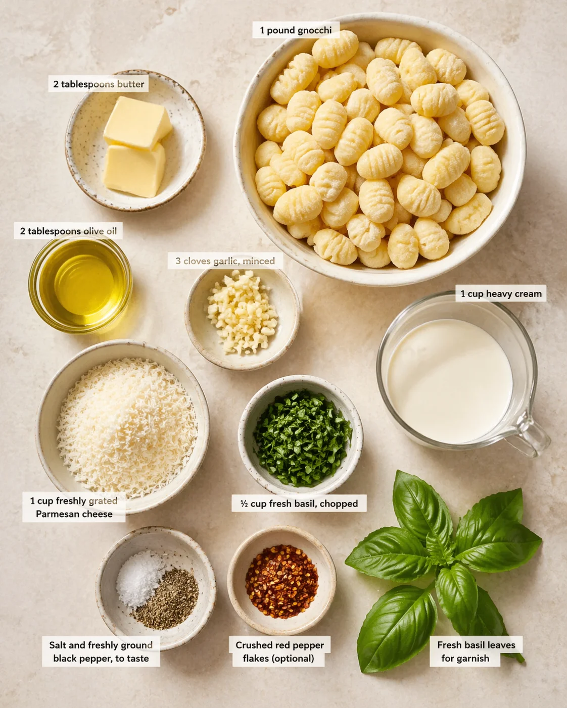 Top-down view of gnocchi with labeled ingredients and herbs arranged for a recipe.