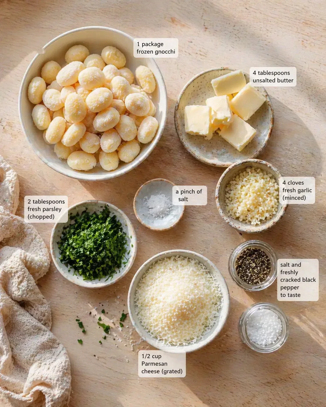 Top-down view of a wooden table with bowls of gnocchi, butter, garlic, parsley, parmesan, and seasonings arranged for a recipe.