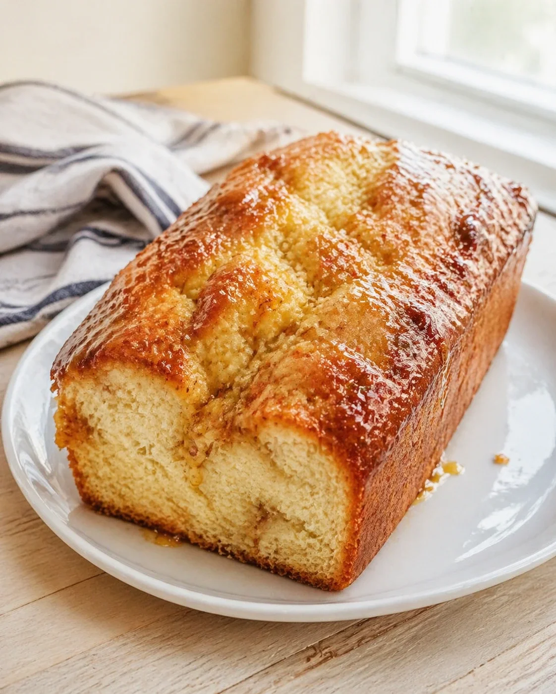 Golden banana bread loaf on a white plate with a striped kitchen towel nearby.