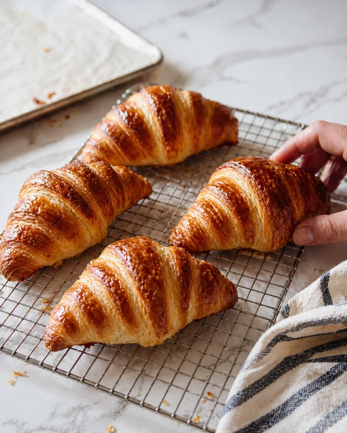 three glossy, flaky croissants cooling on a wire rack on a marble countertop, with a hand touching one