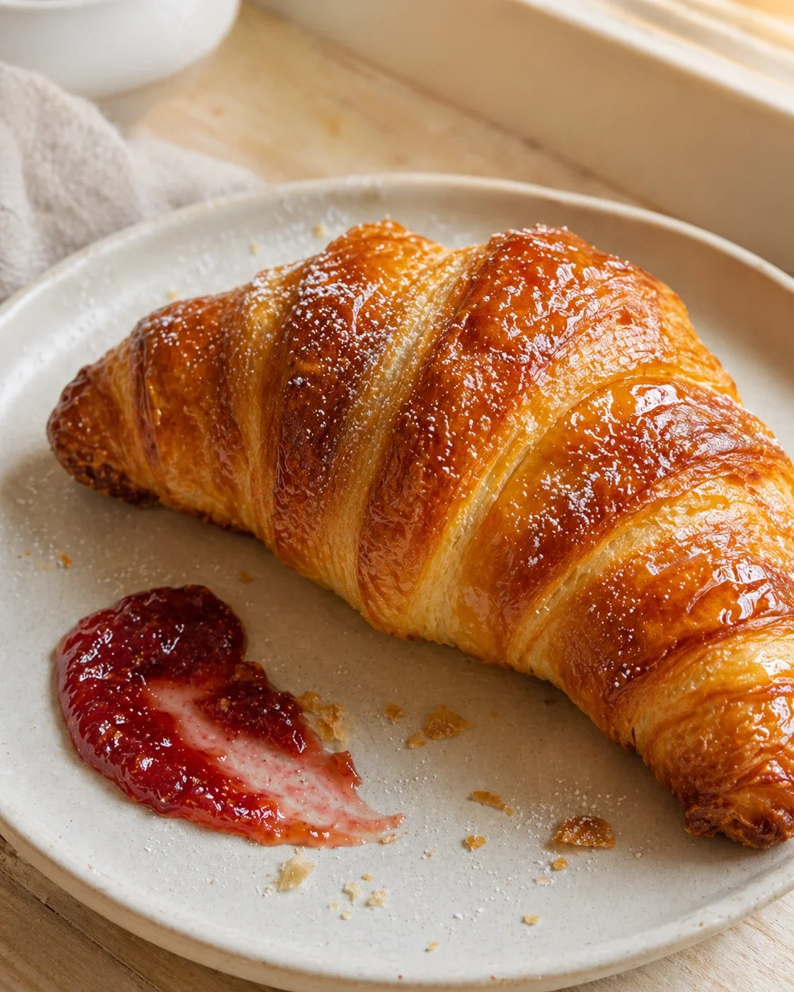 Golden croissant on a beige plate with a dollop of red jam nearby.