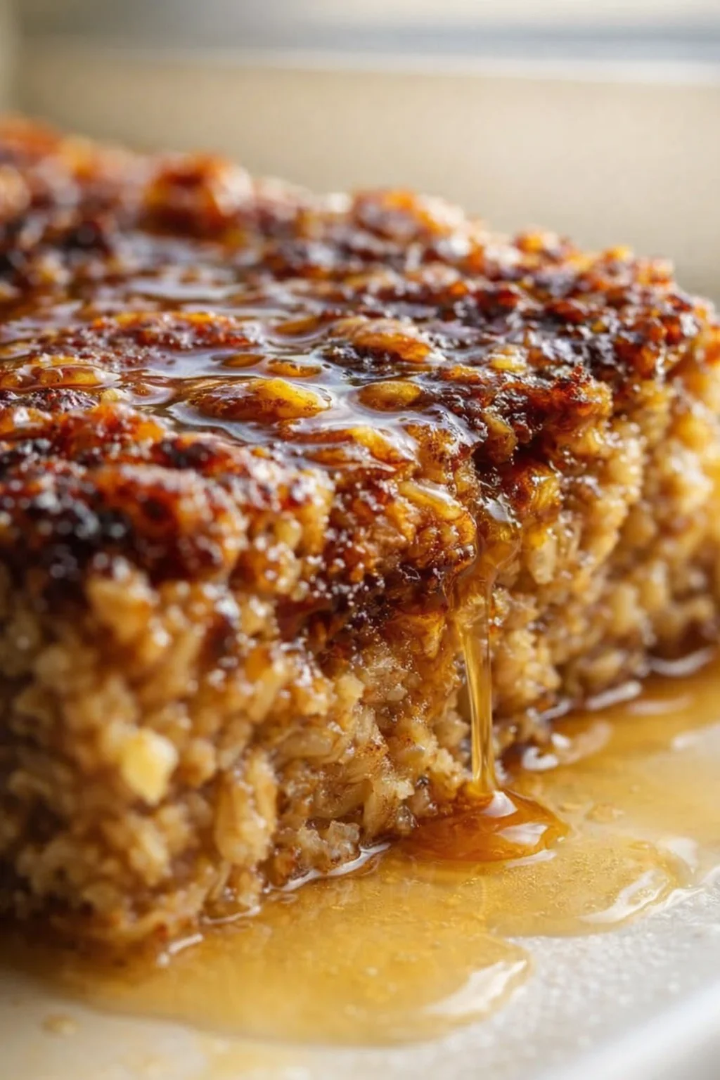 Close-up of a sticky caramel-nut oat bar, with glossy top, nuts, and syrup dripping.