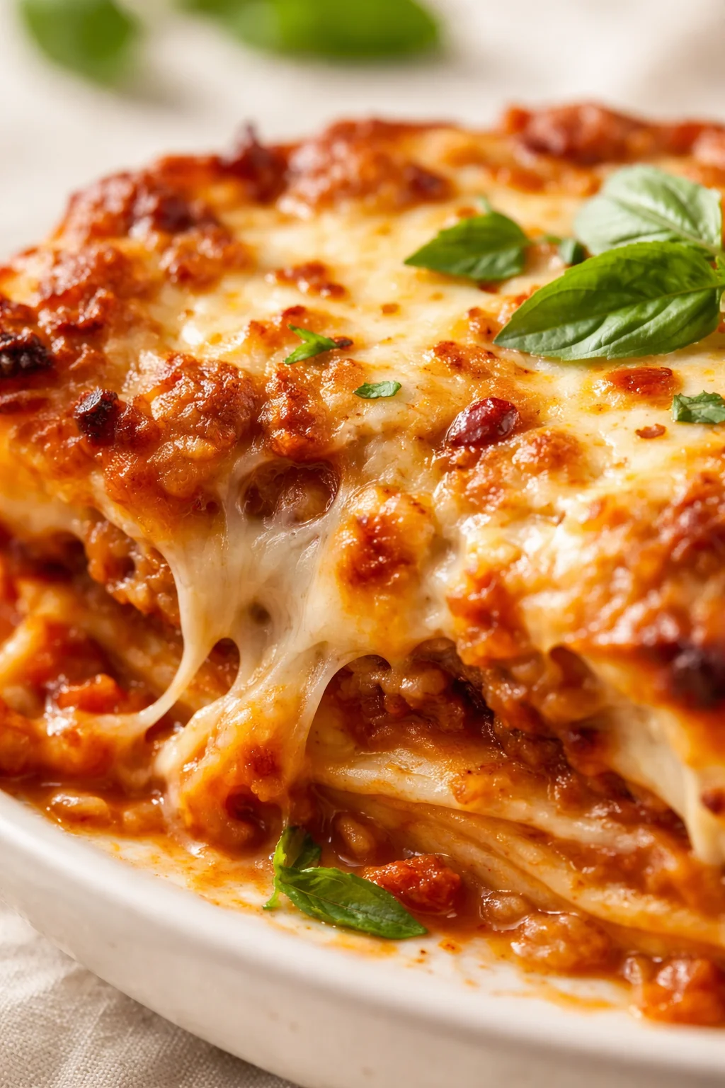 close-up of bubbling lasagna with melted cheese and basil on a white baking dish