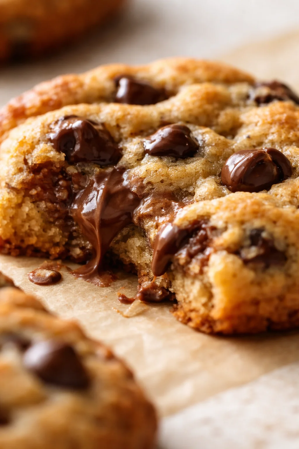 Close-up of a golden-brown chocolate chip cookie with melted, glossy chocolate on parchment.