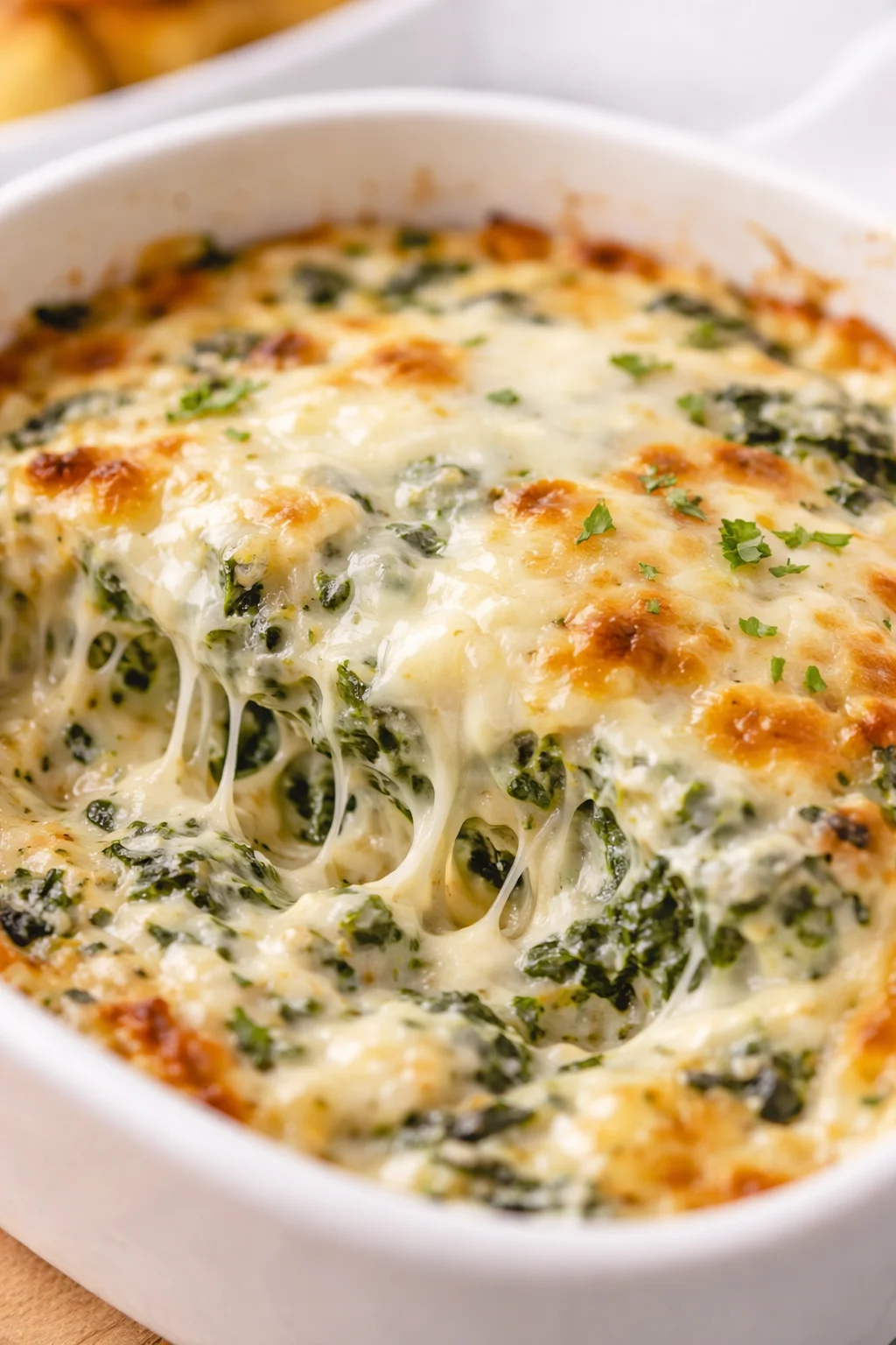 Close-up of a white baking dish with bubbling spinach lasagna and melted cheese strings.