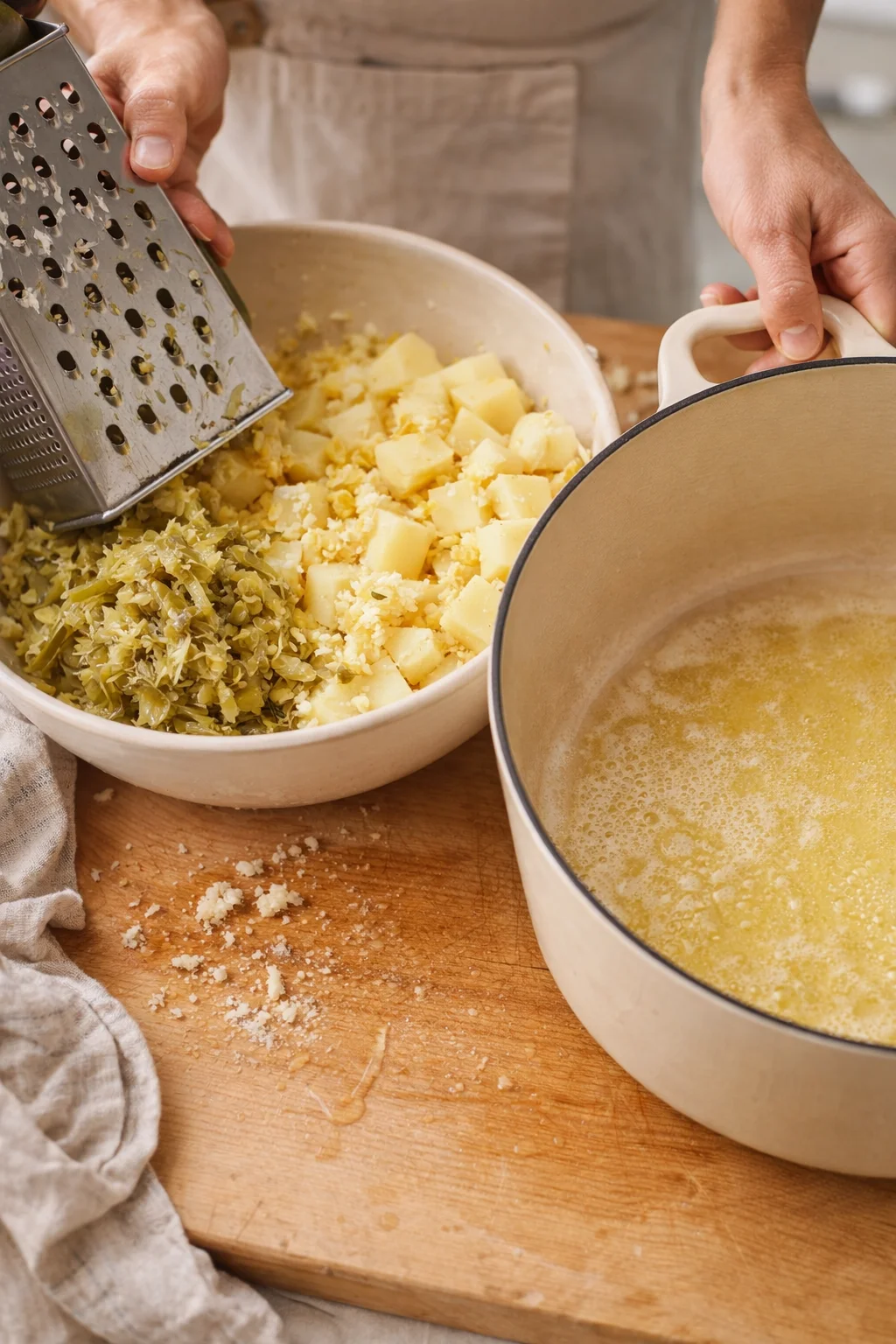 Hands grate cheese into a bowl of cubed potatoes and chopped greens beside a large pot.