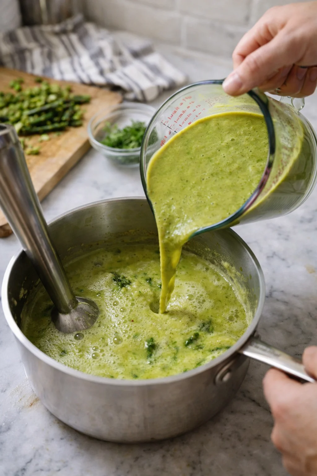 Hand pours bright green herb sauce from a measuring cup into a stainless pot on a marble countertop.