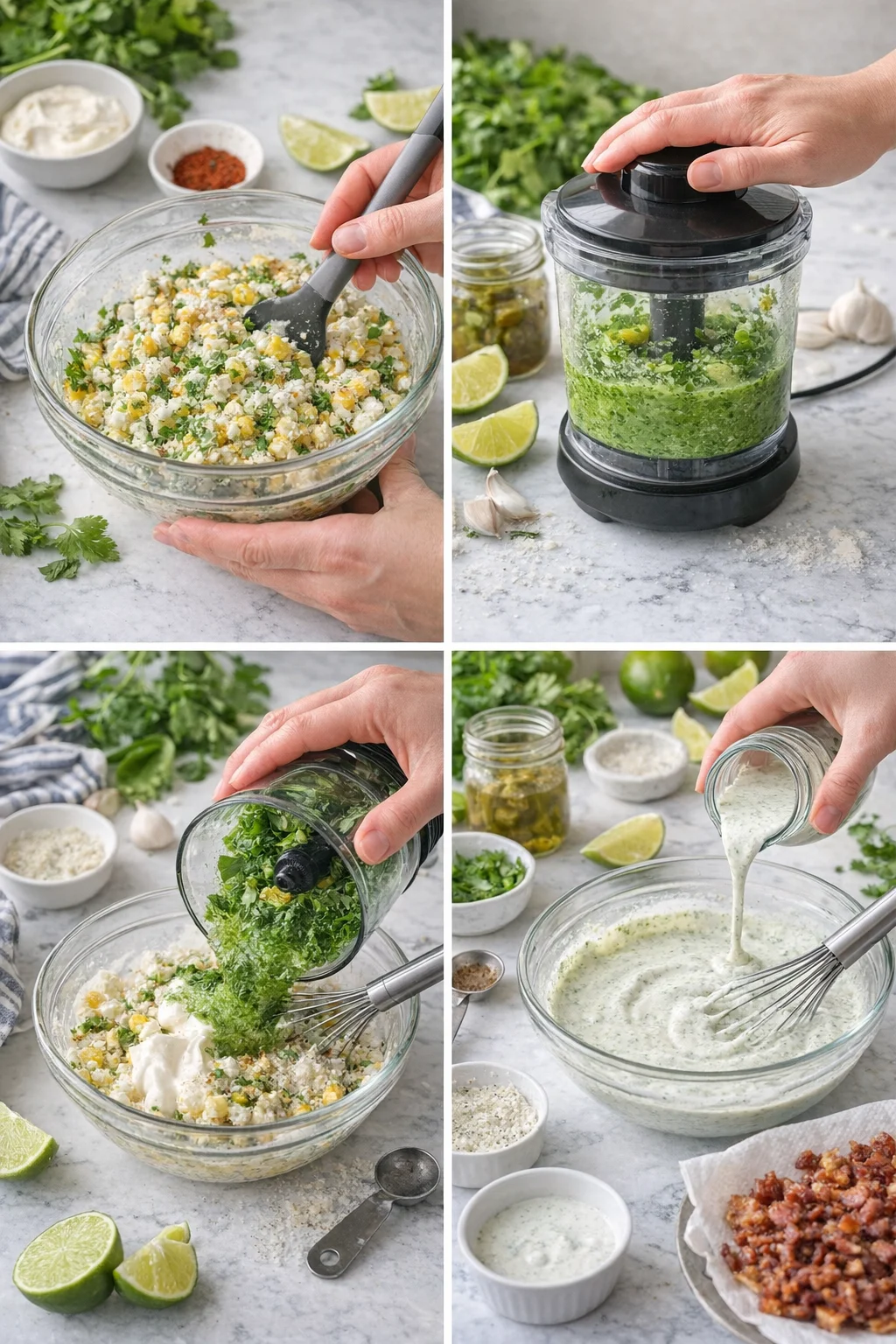 Collage of four images showing making a green herb sauce: mixing, blending, adding greens, and whisking dressing.