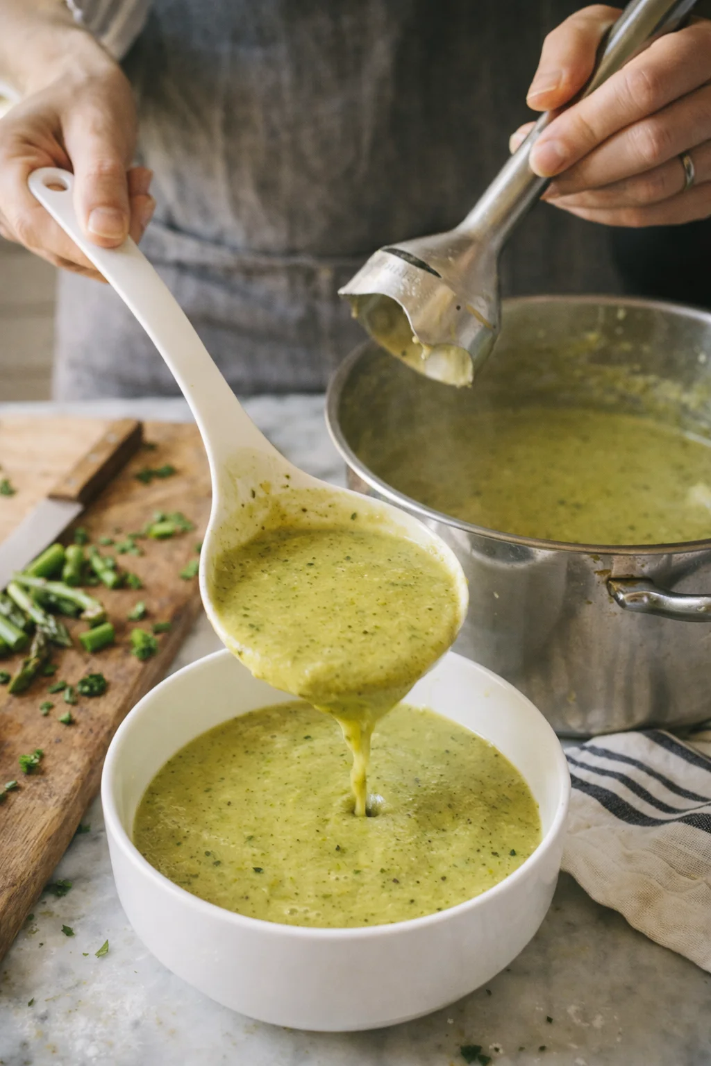 Hands ladle green herb soup from a pot into a white bowl; cutting board with chopped herbs nearby