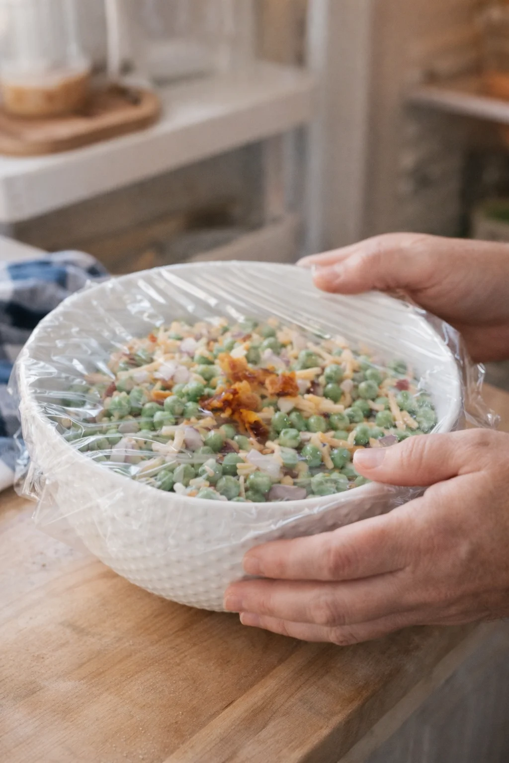 Hands hold a white textured bowl of green peas, onions, and cheese, covered with plastic wrap.