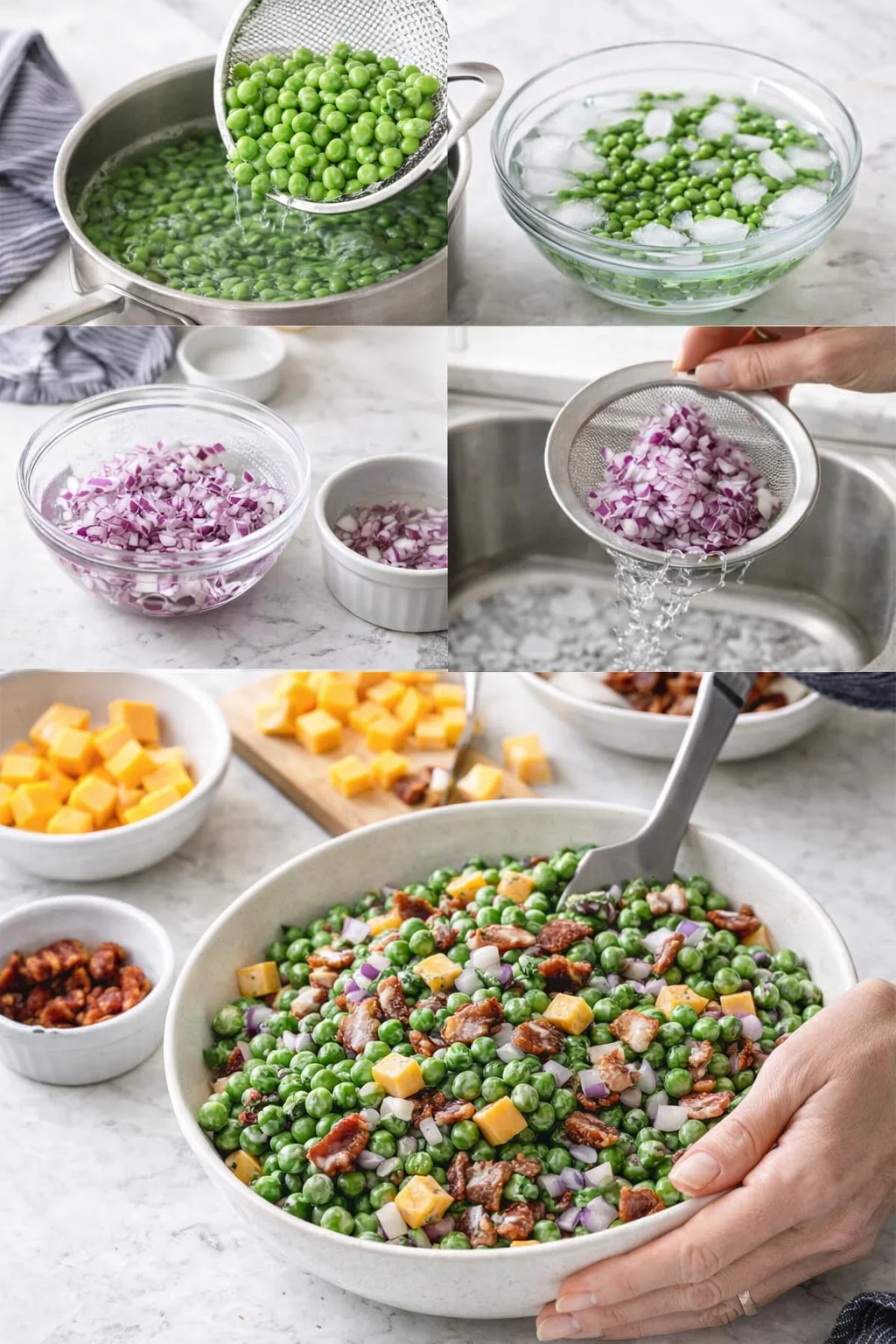 Collage shows blanched peas, chopped red onions, and a final pea salad with cheese and bacon.