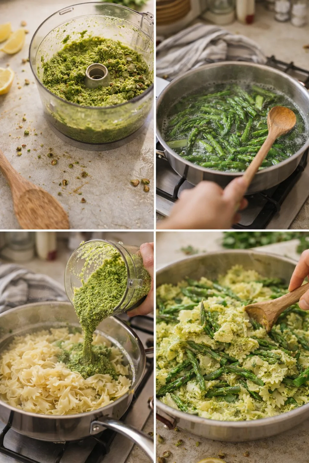 collage of steps making green pesto with asparagus and pasta