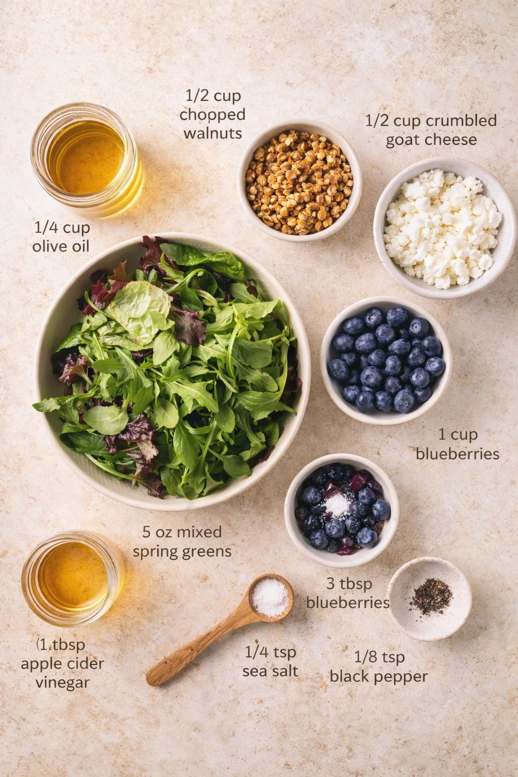 Overhead view of mixed greens salad with blueberries, walnuts, cheese, and labeled ingredients.