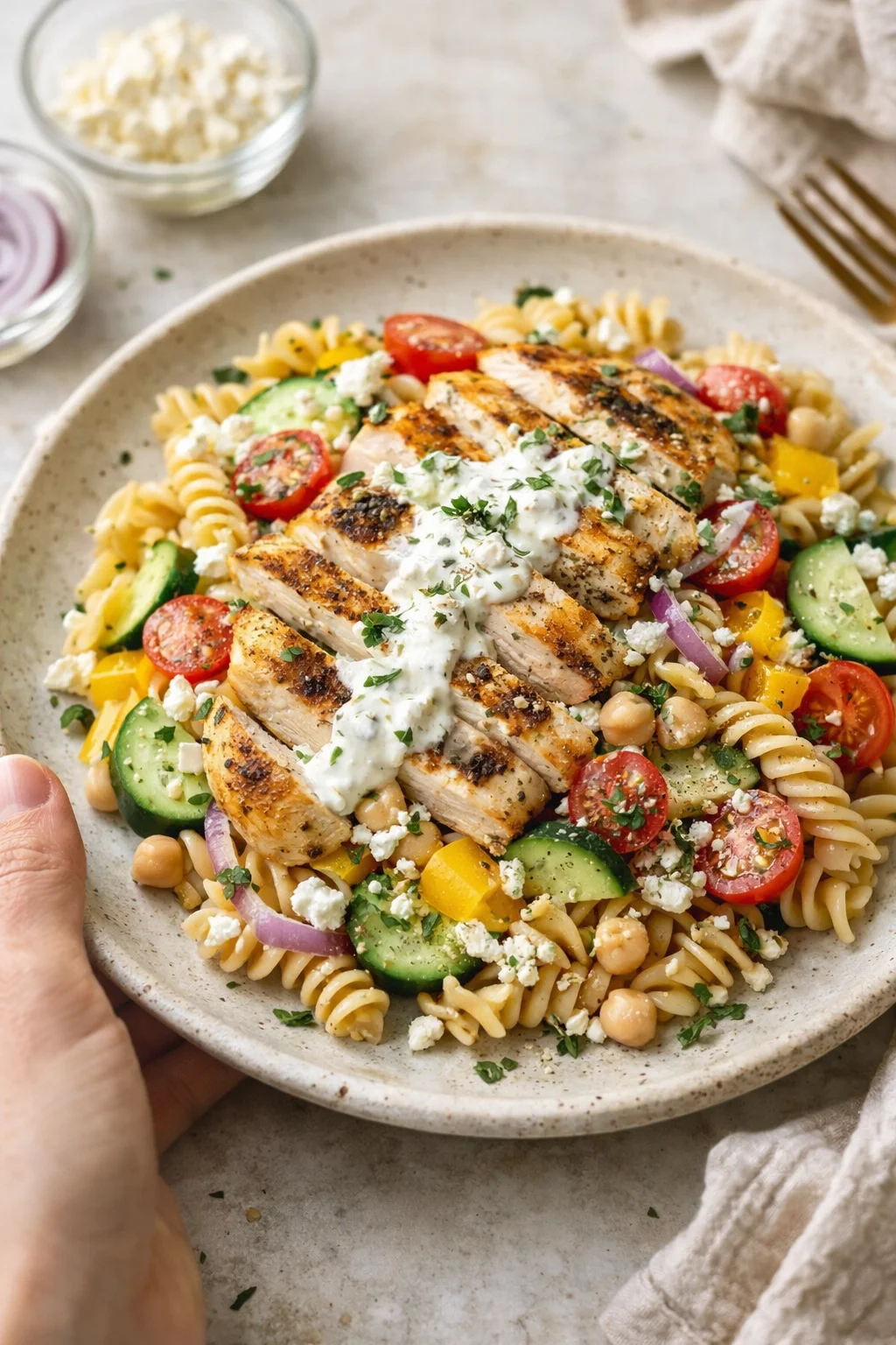 Plated fusilli pasta topped with sliced grilled chicken, cherry tomatoes, cucumber, feta, and herbs.