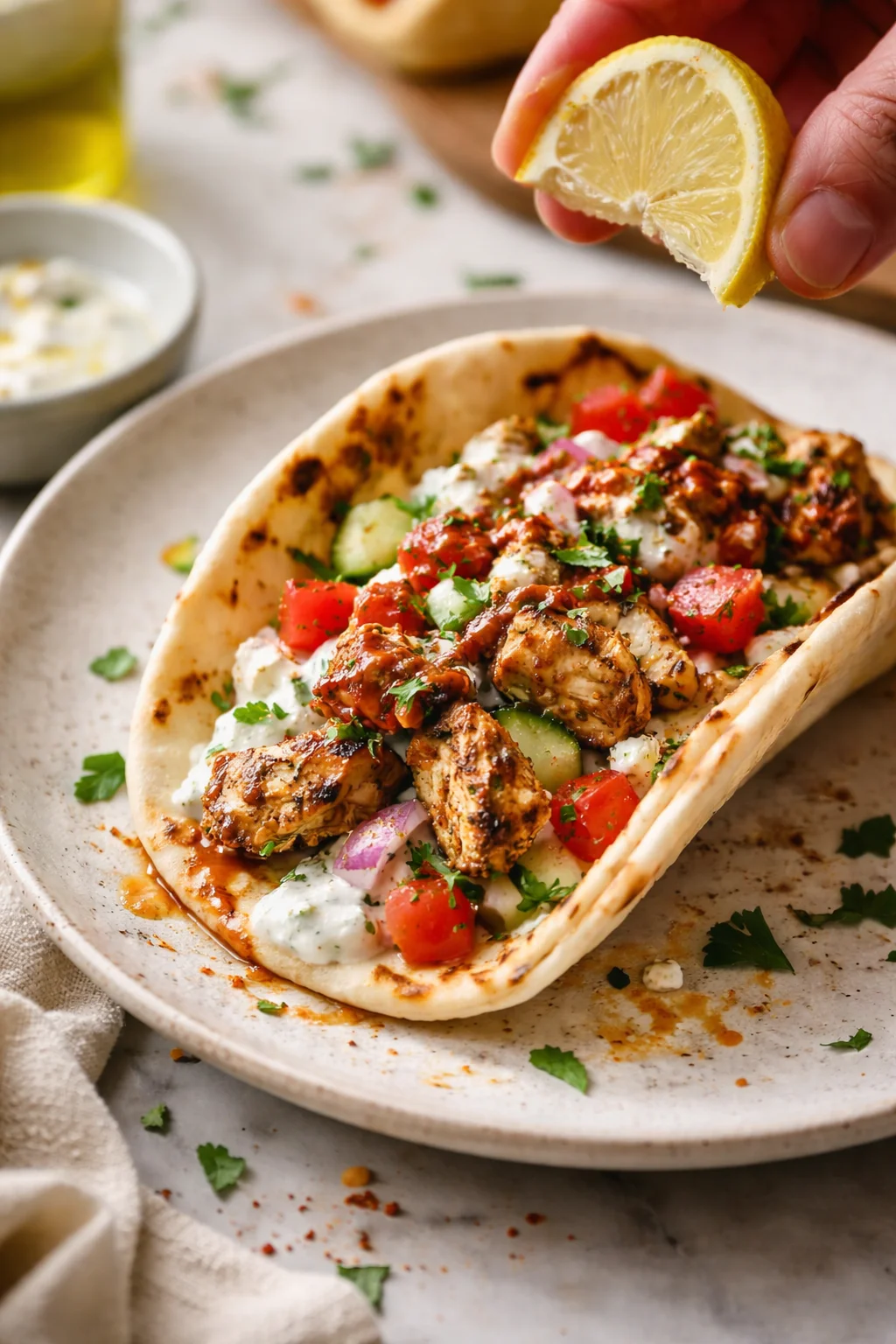 Grilled chicken pieces in a folded pita boat with tomatoes, cucumbers, onions, and yogurt sauce.