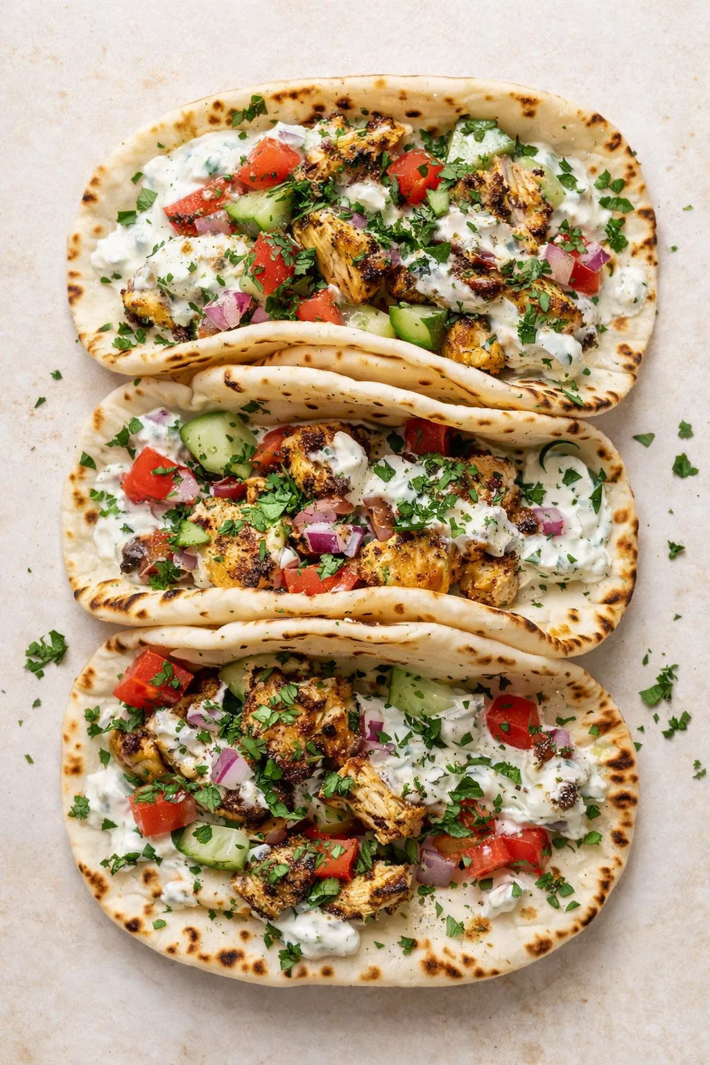 Three to four grilled-chicken pita tacos filled with cucumber, tomato, red onion, yogurt sauce, and chopped parsley.