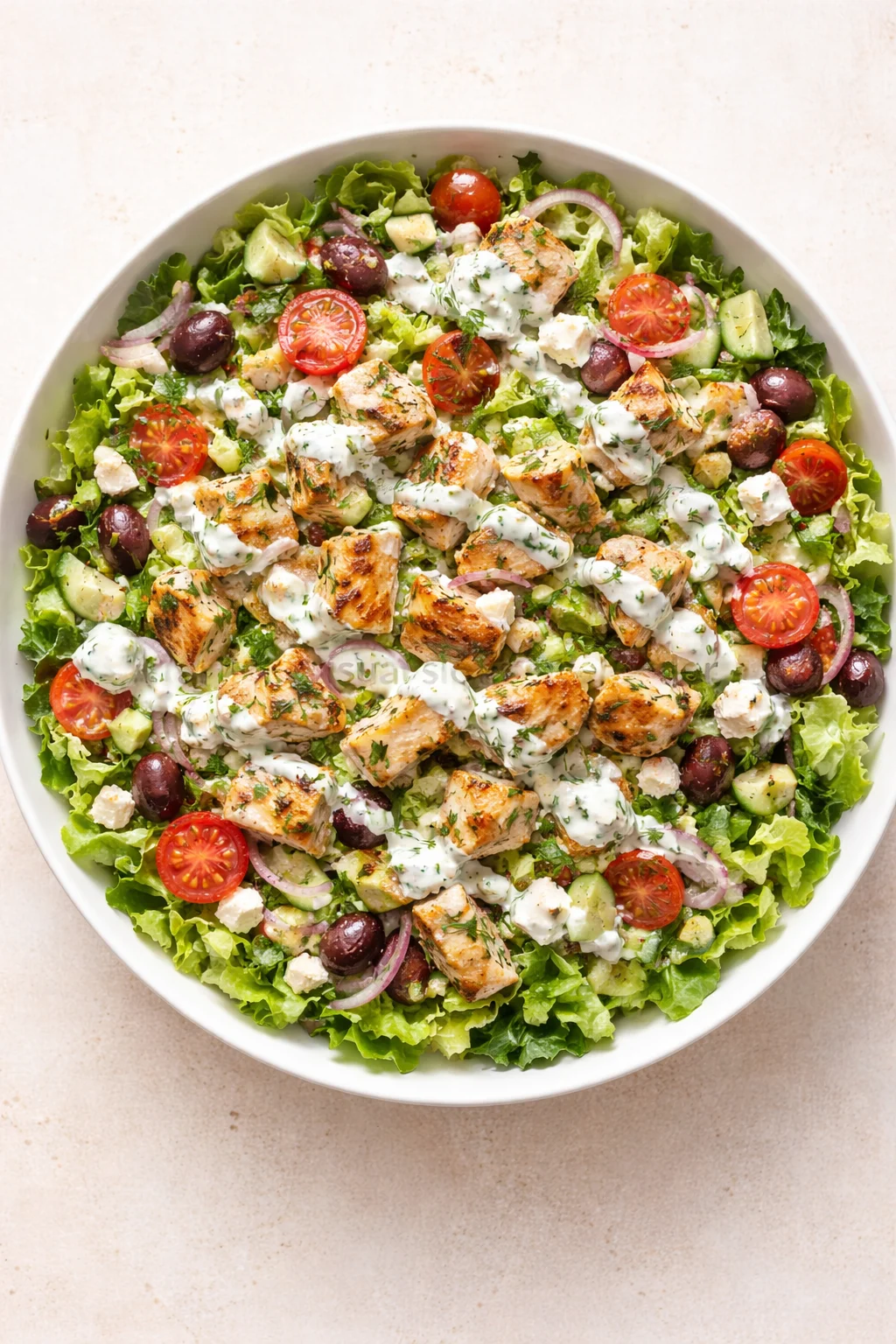 top-down view of a white bowl with greens, grilled chicken, tomatoes, olives, feta, and dressing