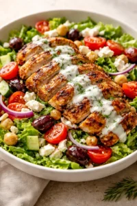 sliced grilled chicken on a colorful salad with tomatoes, olives, feta, and creamy dill sauce