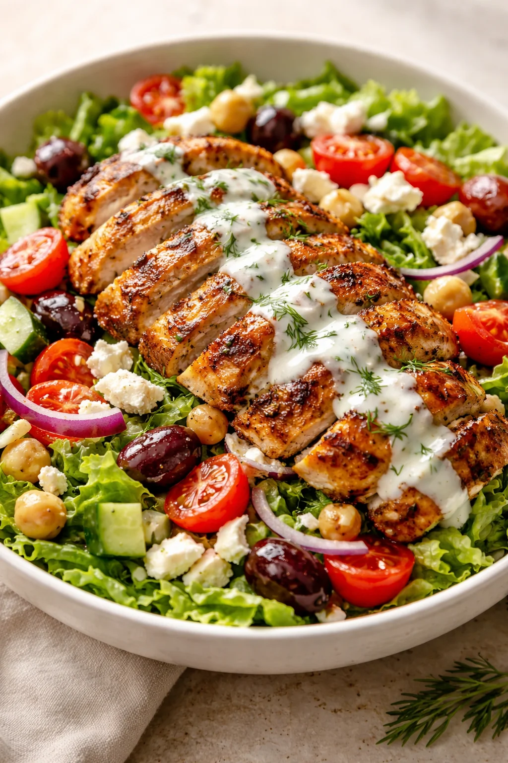 sliced grilled chicken on a colorful salad with tomatoes, olives, feta, and creamy dill sauce