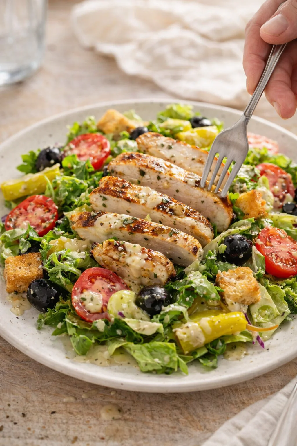Slices of herb-grilled chicken atop a mixed greens salad with cherry tomatoes, olives, and croutons