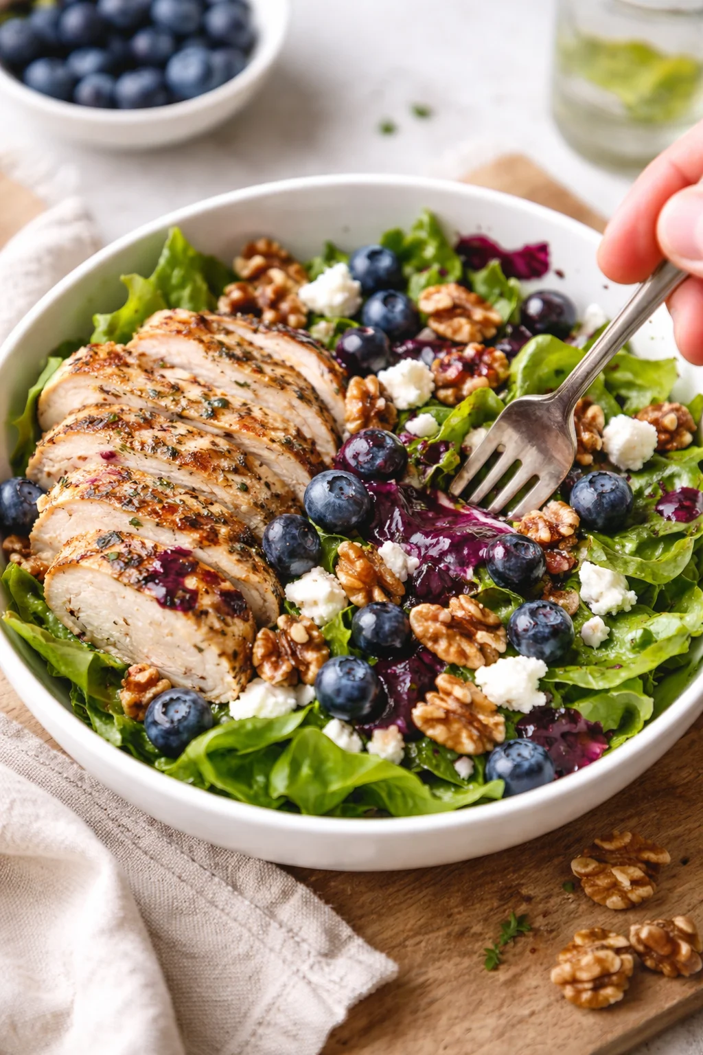 sliced grilled chicken on a greens salad with blueberries, walnuts, and feta cheese