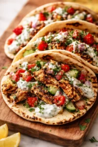 three grilled chicken tacos topped with tomato, cucumber, red onion, cilantro, and yogurt sauce on a wooden board