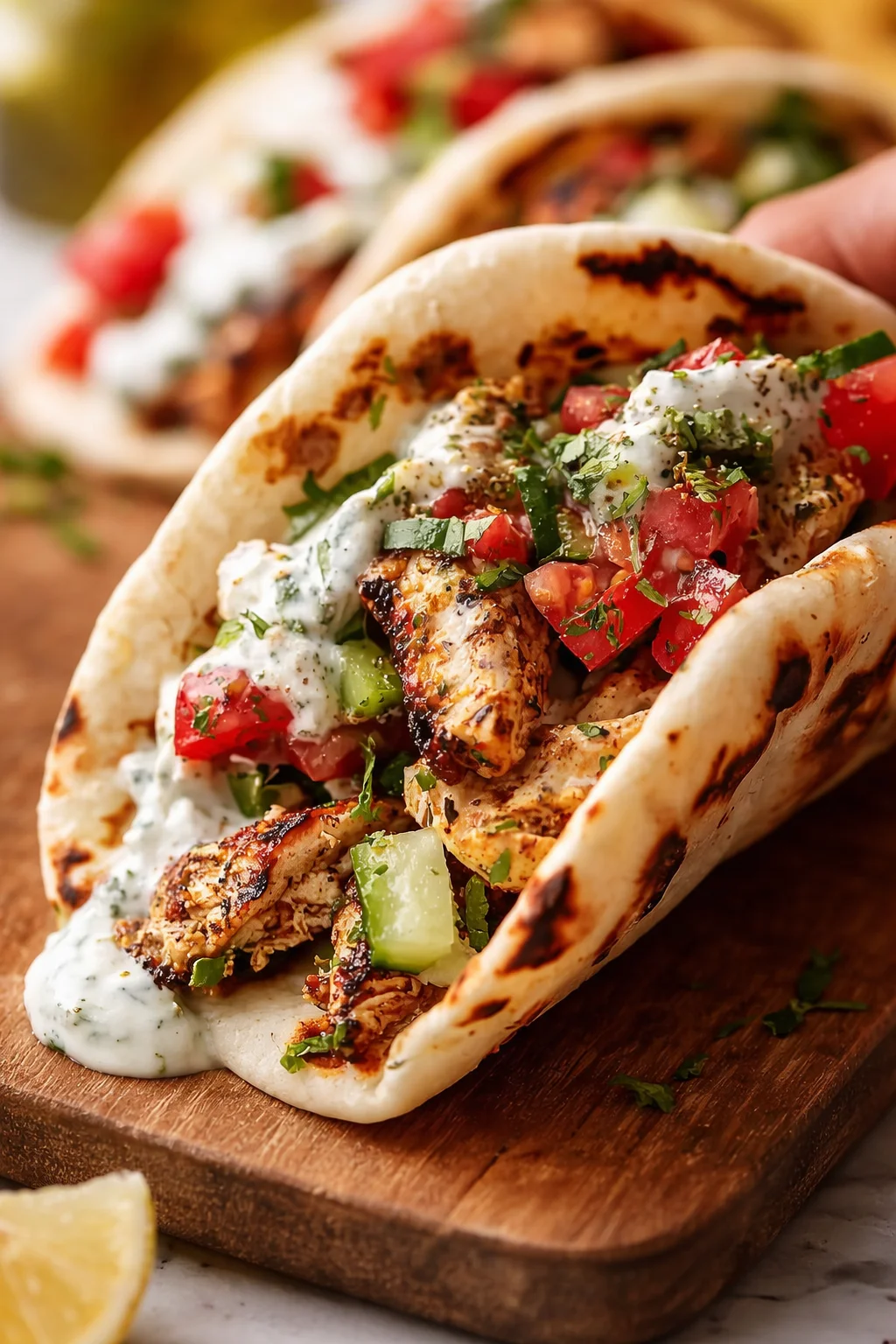 close-up of a soft tortilla taco filled with grilled chicken, chopped tomatoes, cucumber, herbs, and creamy sauce.