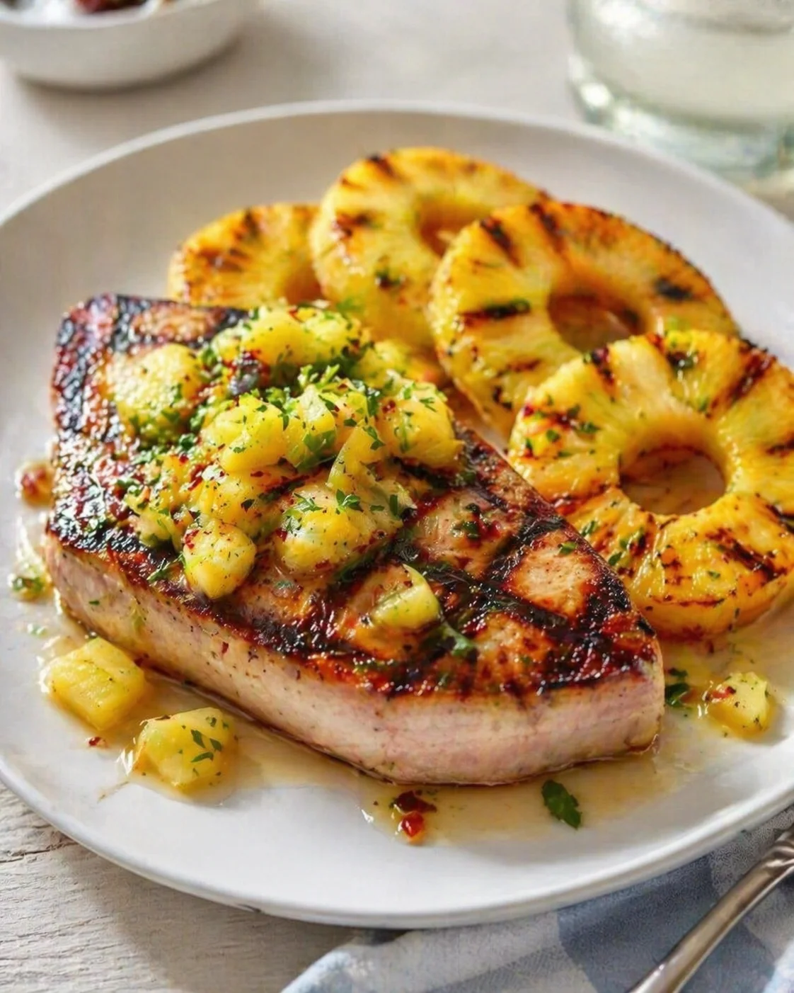 plated pork chop with pineapple salsa and grilled pineapple slices on a white plate